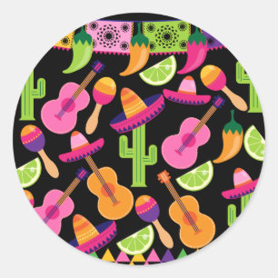 Sticker Rond Fiesta Party Sombrero Cactus Lims Peppers Maracas