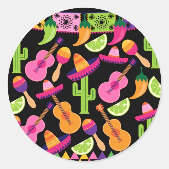 Sticker Rond Fiesta Party Sombrero Cactus Lims Peppers Maracas (Devant)