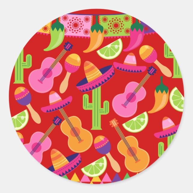 Sticker Rond Fiesta Party Sombrero Limes Guitare Maraca Saguaro (Devant)