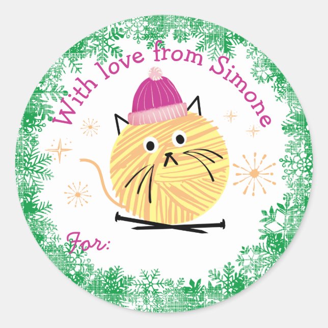 Sticker Rond Fil chaton fait main aiguilles de tricot de Noël (Devant)