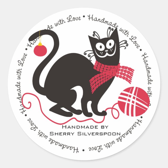 Sticker Rond Fil de chat amusant tricot crochet Noël (Devant)
