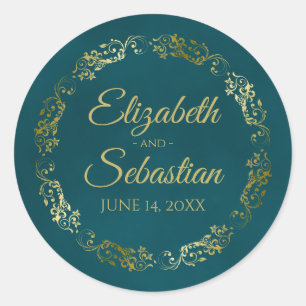 Sticker Rond Filigranes dorés élégants Noms de mariage sarcelle