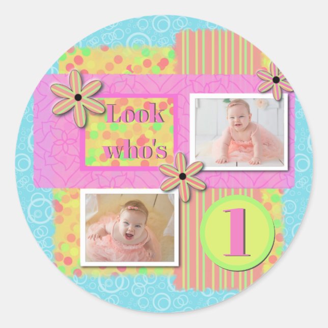 Sticker Rond Fille 1er Anniversaire Scrapbooking Rose et Jaune (Devant)