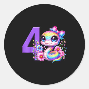Sticker Rond Fille 4 ans Anniversaire Serpent Fête Arc-en-ciel 