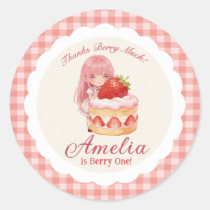 Sticker Rond Fille à l'aquarelle douce fraise 1er anniversaire