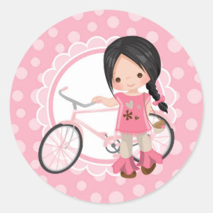 Sticker Rond Fille à vélo noire Haired - Blanc rose