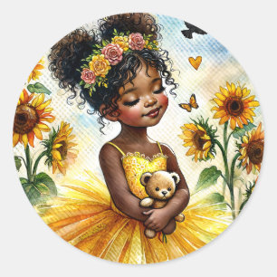 Sticker Rond Fille Africaine Américaine De Tournesol Avec Ours 