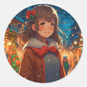 Sticker Rond Fille Anime dans la nuit de Noël