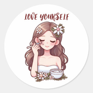 Sticker Rond Fille appliquant skincare Aimez-vous