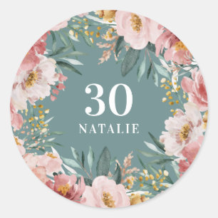 Sticker Rond Fille aquarelle florale anniversaire rose chic