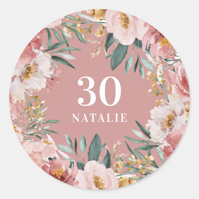 Sticker Rond Fille aquarelle florale anniversaire rose chic (Devant)