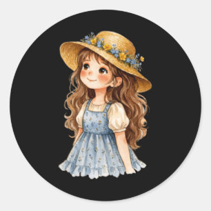 Sticker Rond Fille au chapeau floral aquarelle - Été fantaisist