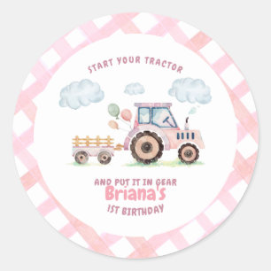 Sticker Rond Fille au Tracteur Agricole Rose Anniversaire Tout