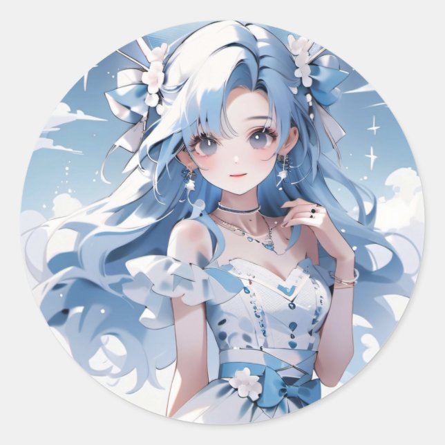 Sticker Rond Fille aux cheveux bleus dans une robe bleue (Devant)