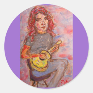 Sticker Rond fille aux cheveux rouges et ukulele