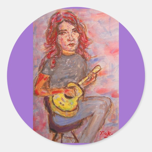 Sticker Rond fille aux cheveux rouges et ukulele (Devant)