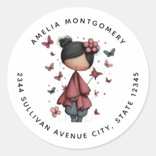 Sticker Rond Fille avec baguette magique et papillons - Adresse