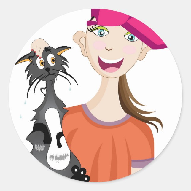 Sticker Rond Fille avec chat mouillé (Devant)