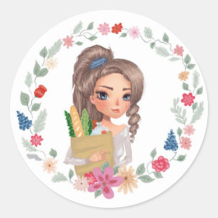 Sticker Rond Fille avec épicerie