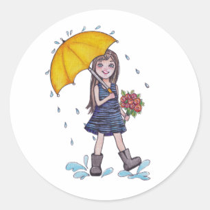 Sticker Rond Fille Avec Parapluie Jaune En Aquarelle