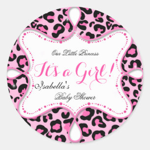 Sticker Rond Fille Baby Shower Princesse Léopard Rose