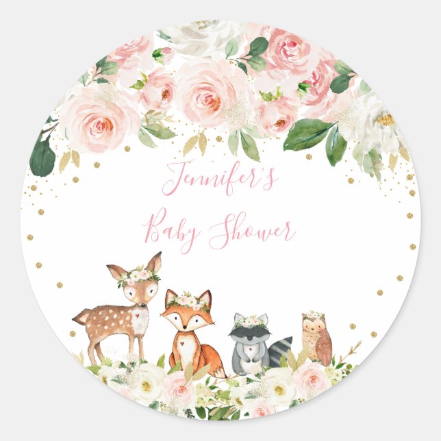 Sticker Rond Fille Baby shower Woodland Blush Floral (Devant)