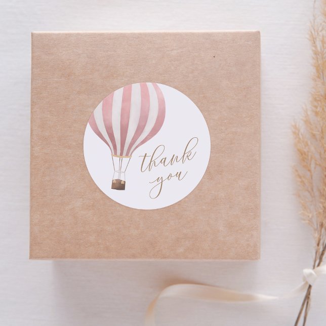 Sticker Rond Fille Ballon à Air Chaud Rose Fête Prénatale Merci (Créateur téléchargé)