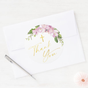Sticker Rond Fille Baptême Blush Fleurs Roses Brut Merci