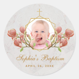 Sticker Rond Fille Baptême Photo rose Magnolia Floral Géométriq