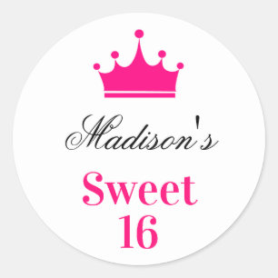 Sticker Rond Fille blanche Hot rose Sweet 16 Princesse Nom de l
