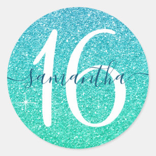 Sticker Rond Fille Bleu Vert Parties scintillant Faux Personnal