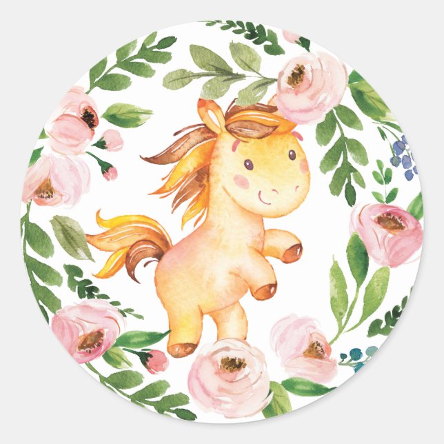 Sticker Rond Fille Blush Floral Baby Cheval Douche 1er Annivers (Devant)