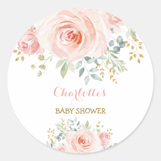 Sticker Rond Fille Blush rose Baby shower Floral Favoriser (Devant)