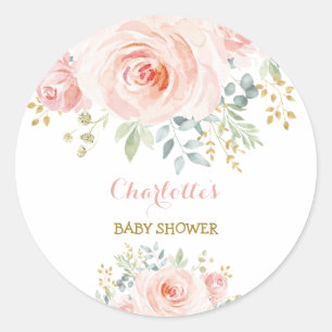 Sticker Rond Fille Blush rose Baby shower Floral Favoriser