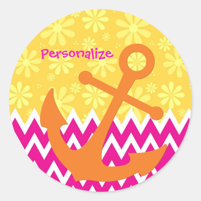 Sticker Rond Fille Chevrons Rose Ancre orange avec nom (Devant)