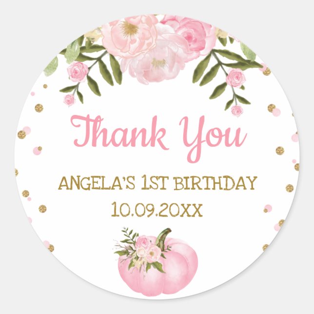 Sticker Rond Fille Citrouille premier anniversaire Baby shower  (Devant)