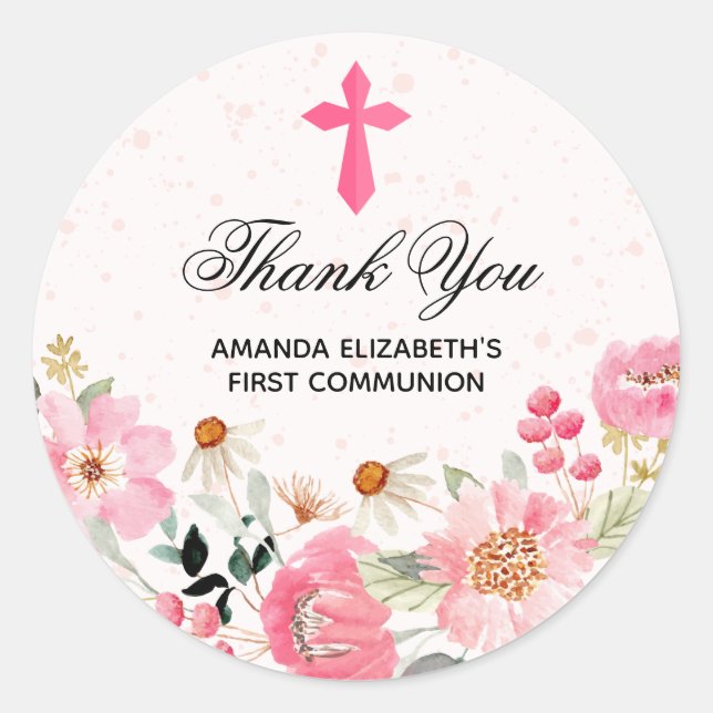 Sticker Rond Fille Communion Aquarelle rose Fleurs Faveurs (Devant)
