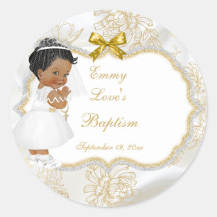 Sticker Rond Fille Communion Baptême Croix Ethnique en Or