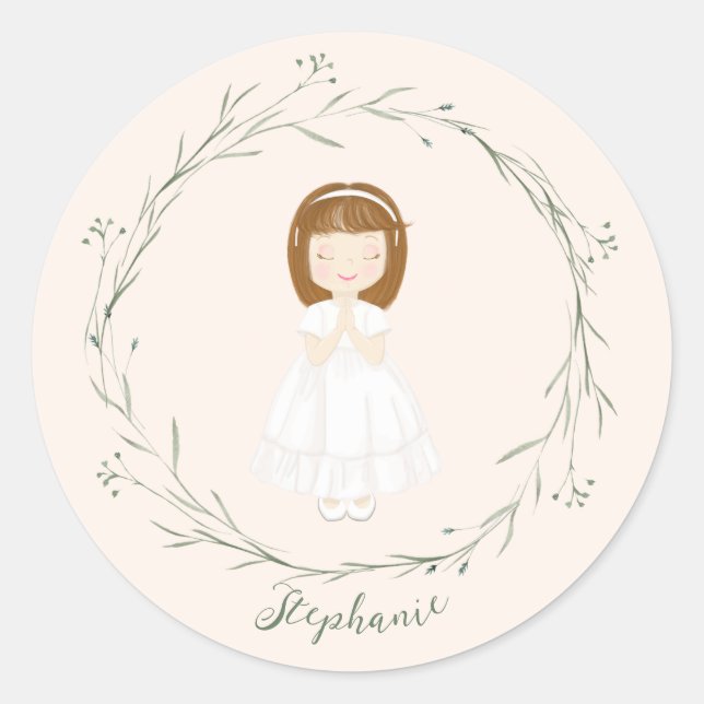 Sticker Rond Fille Communion priant (Devant)