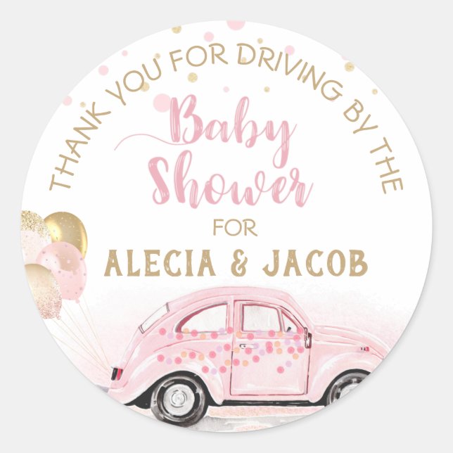 Sticker Rond Fille Conduire Par Baby shower Voiture Merci Rose  (Devant)