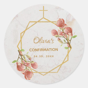Sticker Rond Fille Confirmation Rose Magnolia Croix Dorée Marbr