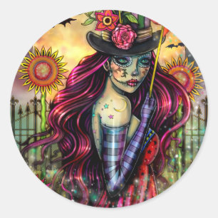 Sticker Rond Fille Crâne de Sucre Fantaisie Art Halloween