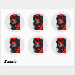 Sticker Rond Fille Cyberpunk Dystopique Édgeuse Cible Rouge