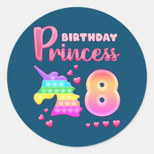 Sticker Rond Fille d'anniversaire 8 ans Unicorn Pop It Fidget