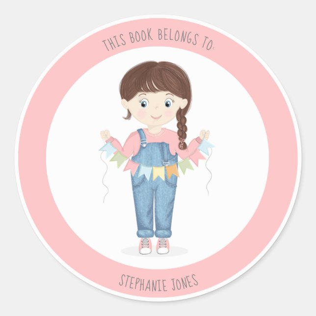 Sticker Rond Fille d'anniversaire dans les salles Brunette (Devant)