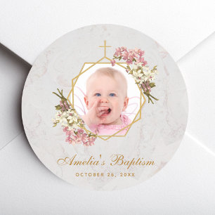Sticker Rond Fille de baptême Photo Orchidées roses Marbre doré