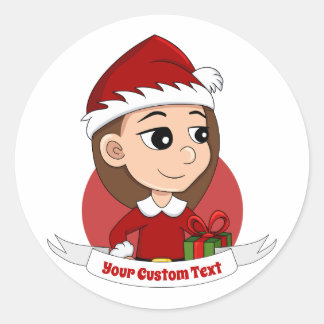 Sticker Rond Fille de Noël avec long cheveux brun dessin animé