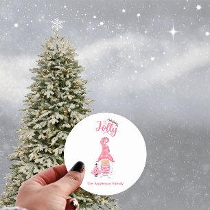 Sticker Rond Fille de Noël rose Gnome avec chapeau de vigneron