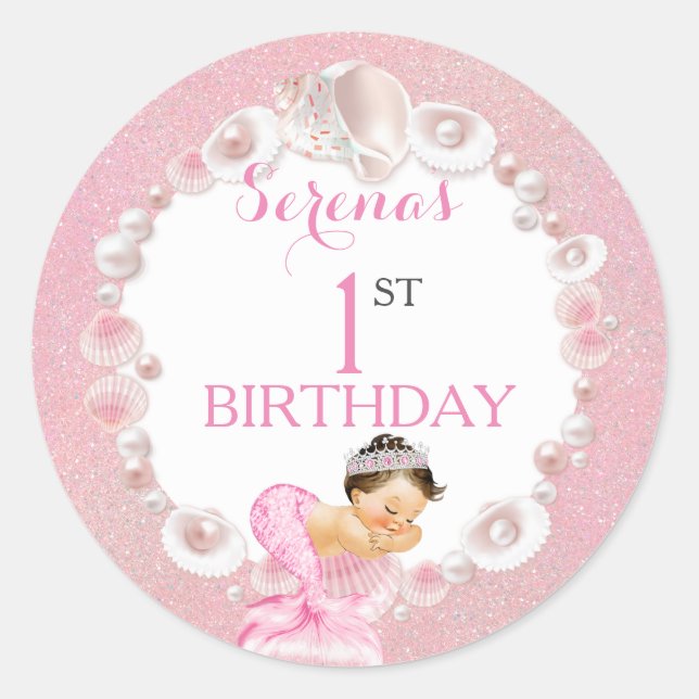 Sticker Rond Fille de sirène couchant perles de coquille rose (Devant)