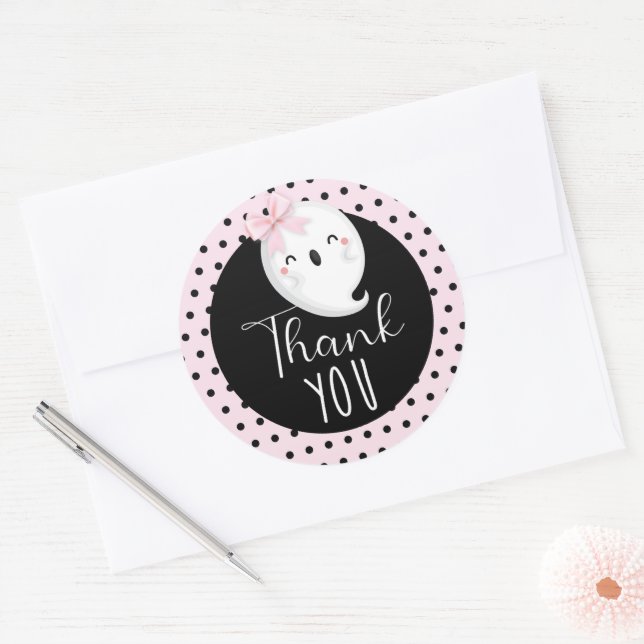 Sticker Rond Fille d'Halloween Anniversaire Merci rose noir (Enveloppe)